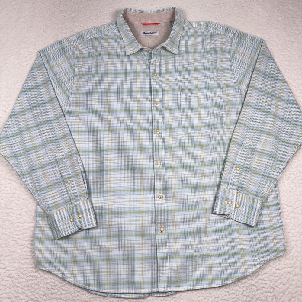 Tommy Bahama Cruzy Cord Button‎ Up Shirt Mens XXL Blue Plaid Pinwale Corduroy